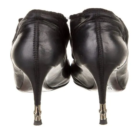 Authentic Gucci Gold Bamboo Heel Black Stretch Leather Ankle Boots Size 7