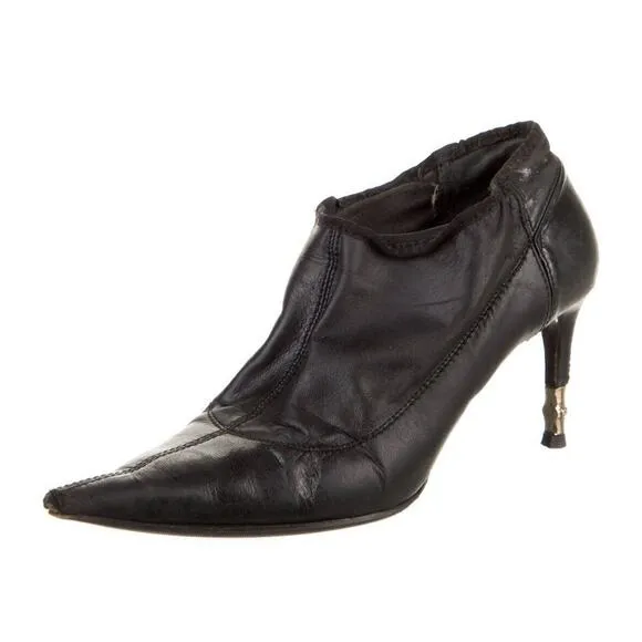Authentic Gucci Gold Bamboo Heel Black Stretch Leather Ankle Boots Size 7
