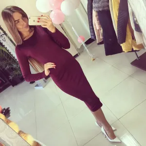 Autumn Dress Long Sleeve T-shirts Solid Color MIDI Tight Fashion Women's Dress