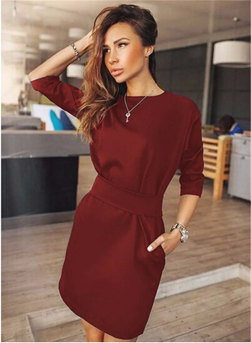 Autumn Women Casual Mini Dress Fall Three Quarter Sleeve Black Blue Red Mini Dresses Plus Size Ukraine Clothing