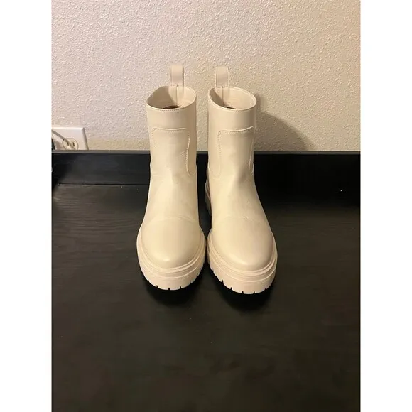 Ba&amp;sh X Something Navy Coda Cighter Leather Lug Sole Boots Cream Size 37 US 7