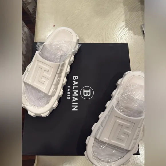 Balmain White Slide Sandals