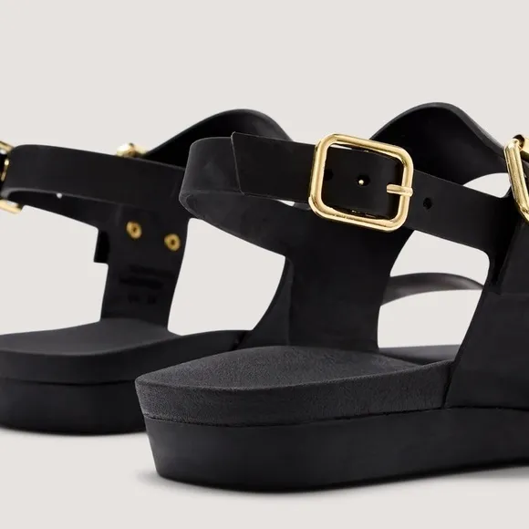 Bared Black Sandals with Gold Buckles