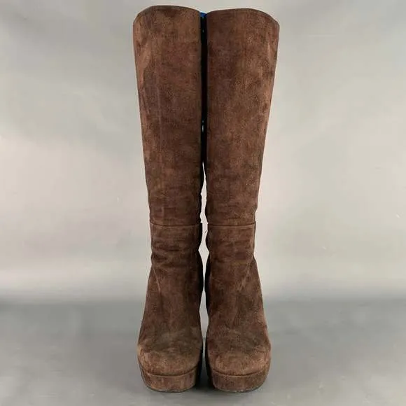 BARNEY'S CO-OP Brown Suede Calf High Platform Stiletto Boots