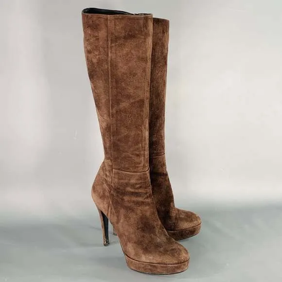 BARNEY'S CO-OP Brown Suede Calf High Platform Stiletto Boots