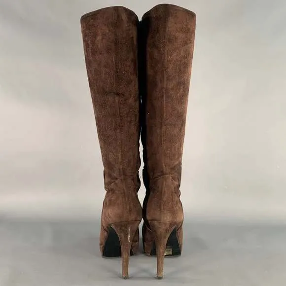 BARNEY'S CO-OP Brown Suede Calf High Platform Stiletto Boots