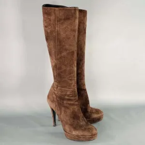 BARNEY'S CO-OP Brown Suede Calf High Platform Stiletto Boots