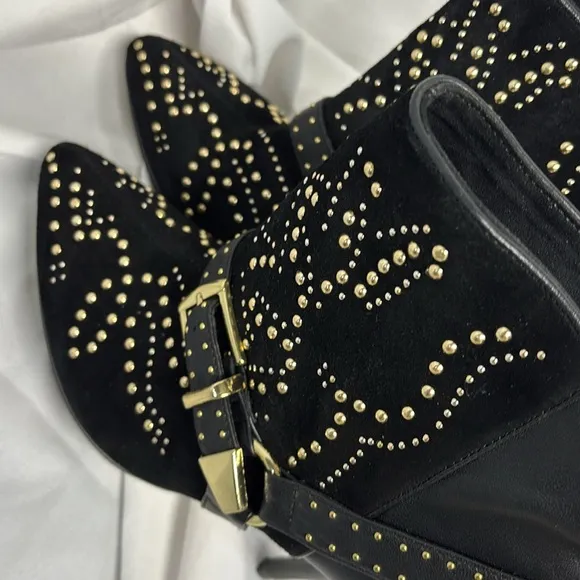 BEBE Chelsea Black belted REAL Suede Leather Studded Boots Heels size 8