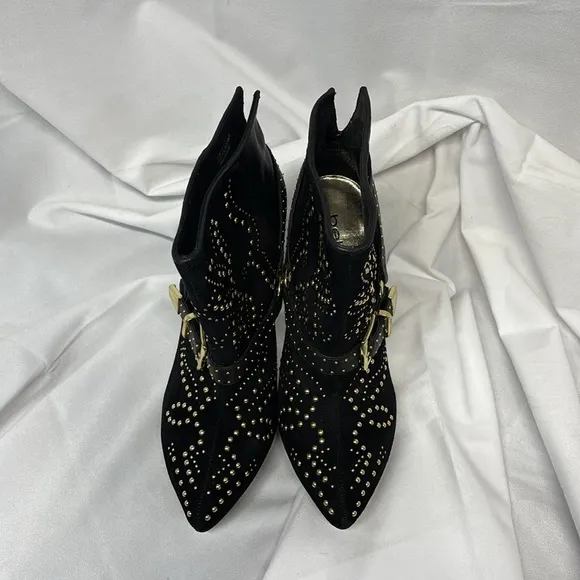 BEBE Chelsea Black belted REAL Suede Leather Studded Boots Heels size 8