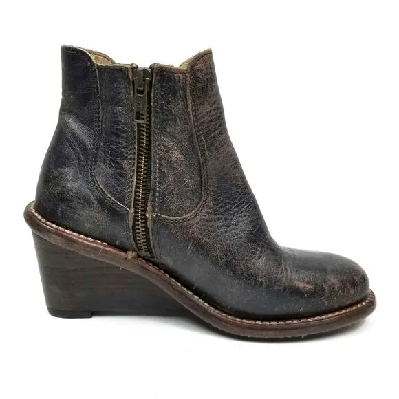 Bed Stu Countess Women's Distressed Leather Wedge Heel Ankle Boots Black Brown 6