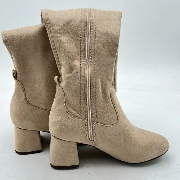 Beige Women Side Zipper Closed Toe Thigh High Chunky Heel Over Knee High Boots