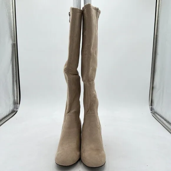 Beige Women Side Zipper Closed Toe Thigh High Chunky Heel Over Knee High Boots