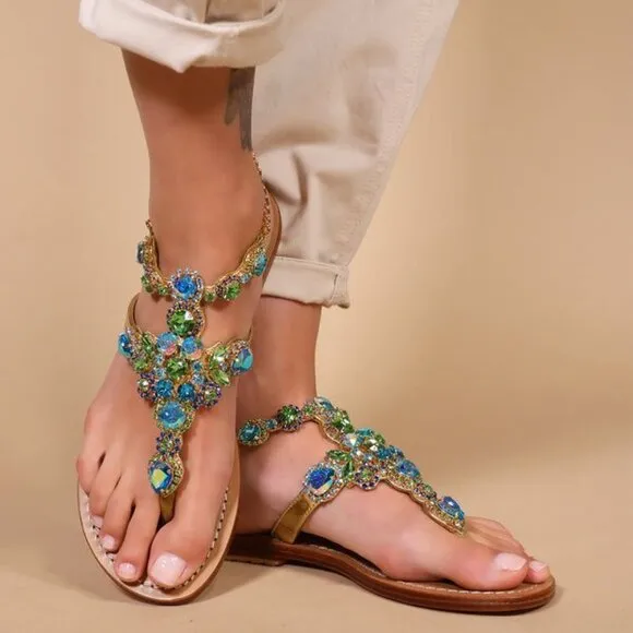 Bejeweled Mazatlan Gold Leather Thong Sandals Flip Flops