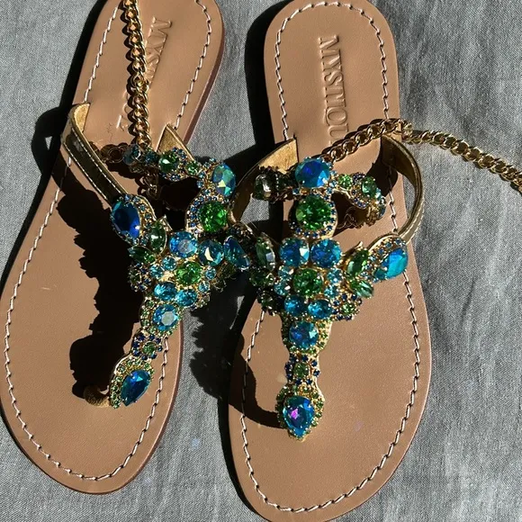 Bejeweled Mazatlan Gold Leather Thong Sandals Flip Flops