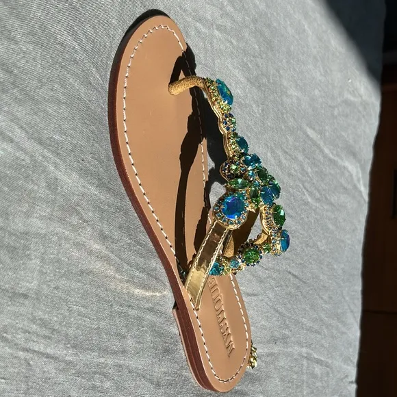 Bejeweled Mazatlan Gold Leather Thong Sandals Flip Flops