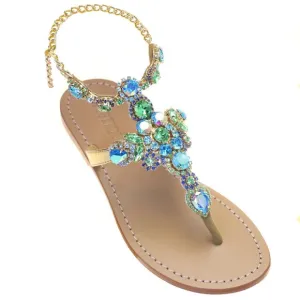 Bejeweled Mazatlan Gold Leather Thong Sandals Flip Flops