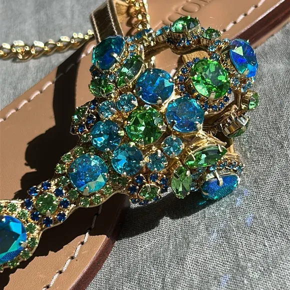 Bejeweled Mazatlan Gold Leather Thong Sandals Flip Flops