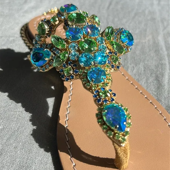 Bejeweled Mazatlan Gold Leather Thong Sandals Flip Flops