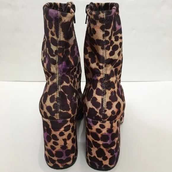 Betsey Johnson Matcha Tan Leopard Velvet Sock Ankle Zip up Block Heel Bootie 9.5