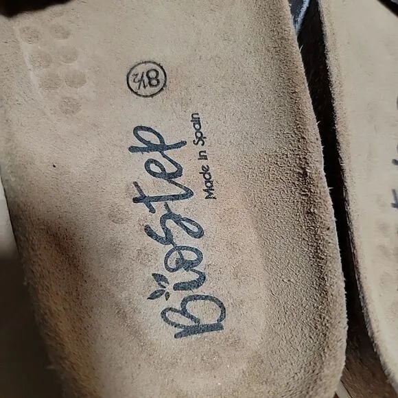 BioStep Made in Spain Two Bands Flat Leather Slides White Tan Camouflage Sz 8.5