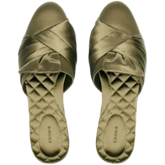 Birdies The Songbird Women's Khaki Green  Satin Quilted Mules Size 8