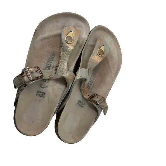 Birkenstock Gizeh Thongs Metallic Rose Leather Shoes Flip Flops Sandals Size 38