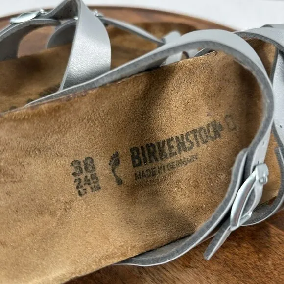 Birkenstock Sandals Wm 7 (38) Metallic Silver Faux Leather Flip Flops Mayari