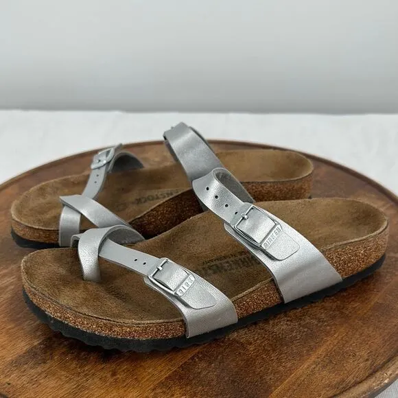 Birkenstock Sandals Wm 7 (38) Metallic Silver Faux Leather Flip Flops Mayari