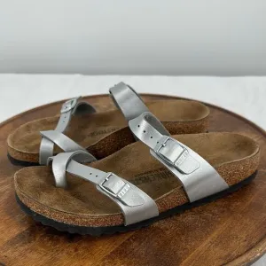 Birkenstock Sandals Wm 7 (38) Metallic Silver Faux Leather Flip Flops Mayari