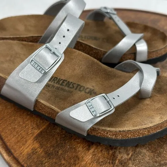 Birkenstock Sandals Wm 7 (38) Metallic Silver Faux Leather Flip Flops Mayari
