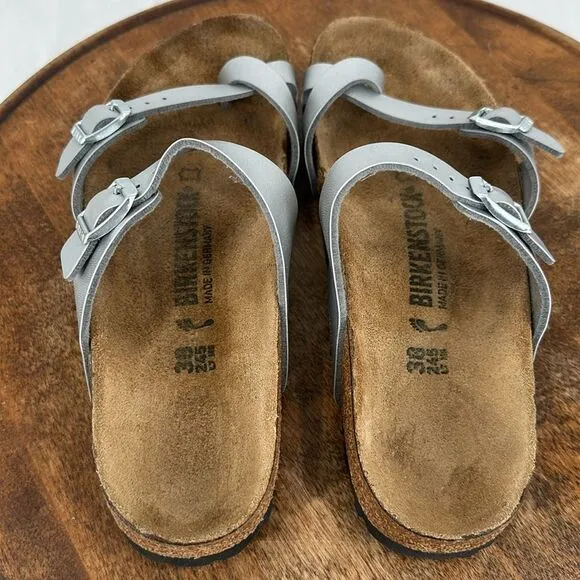 Birkenstock Sandals Wm 7 (38) Metallic Silver Faux Leather Flip Flops Mayari