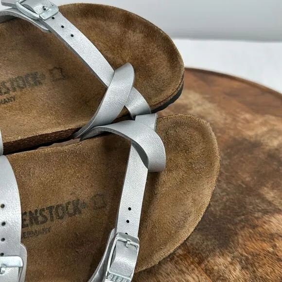 Birkenstock Sandals Wm 7 (38) Metallic Silver Faux Leather Flip Flops Mayari