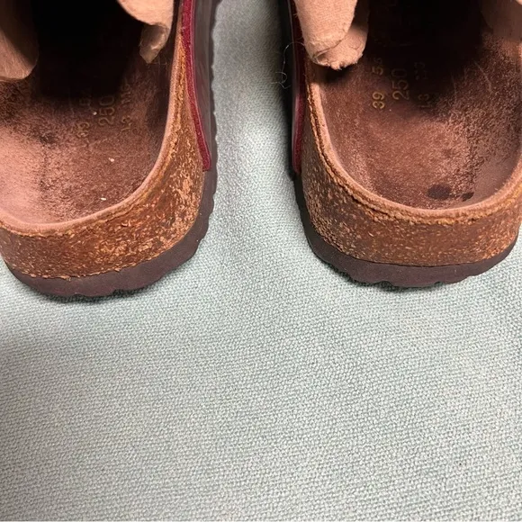 Birkenstock vegan red gold print  3 buckle Florida sandals slip on broke in
