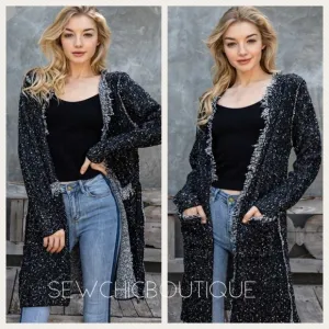 Black Fringe Accent Longline Tweed Cardigan