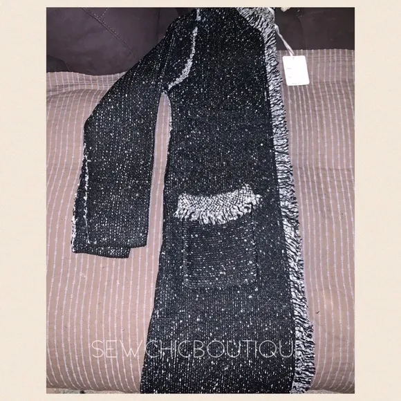 Black Fringe Accent Longline Tweed Cardigan