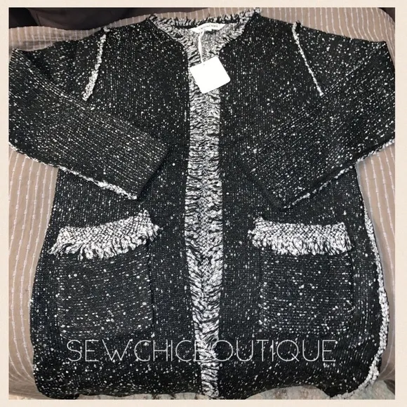 Black Fringe Accent Longline Tweed Cardigan