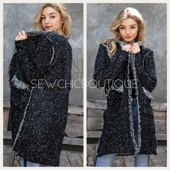 Black Fringe Accent Longline Tweed Cardigan