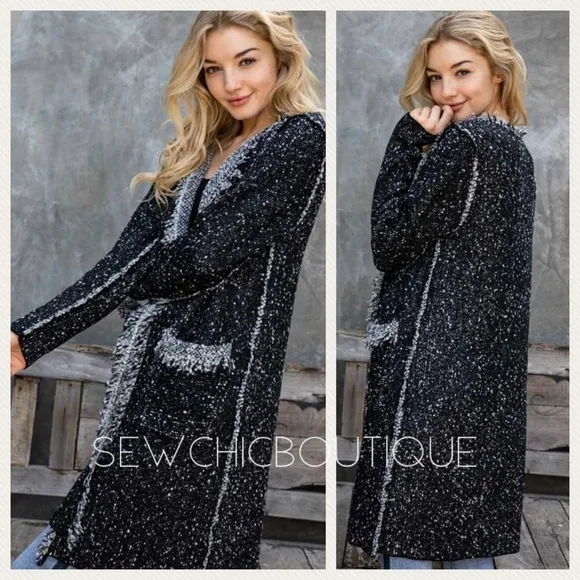 Black Fringe Accent Longline Tweed Cardigan