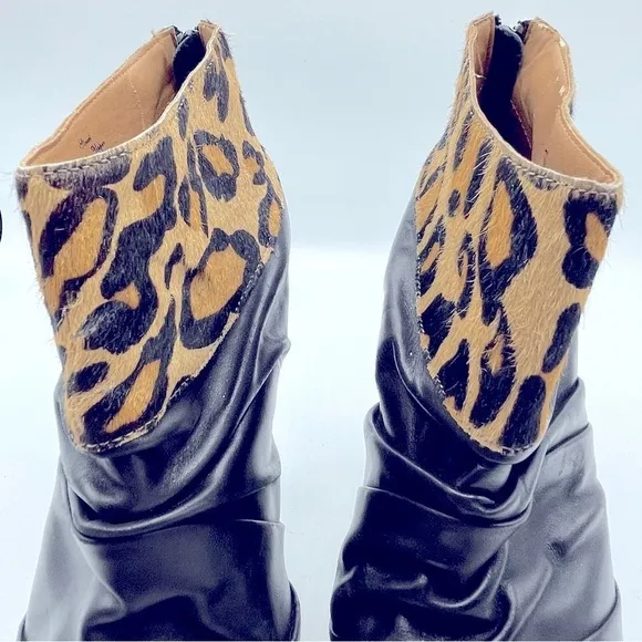 Black leather leopard cuff ankle booties EU size 39 Brand 5l48 from Saks 5th Ave