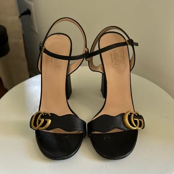 Black Leather Sandals with Gold Accent