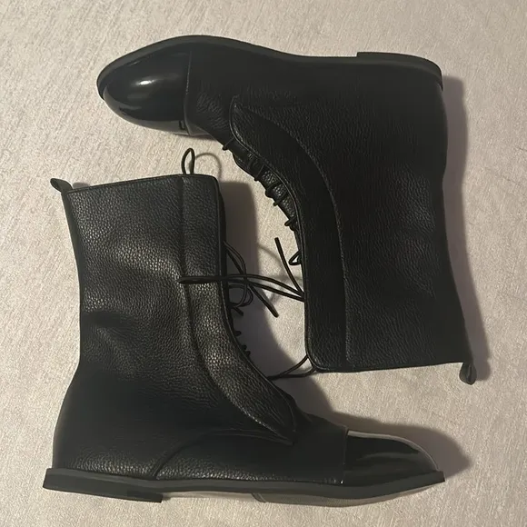 Black Leather Womens Ankle Boots Lace Up Size 41