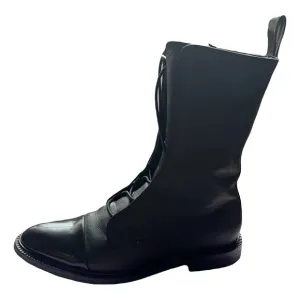 Black Leather Womens Ankle Boots Lace Up Size 41