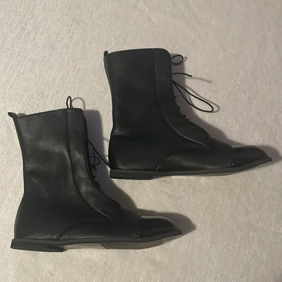 Black Leather Womens Ankle Boots Lace Up Size 41