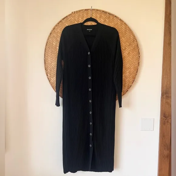 BLACK WHISTLES RIBBED V-NECK NELLY CARDIGAN SWEATER DRESS COTTON BLEND