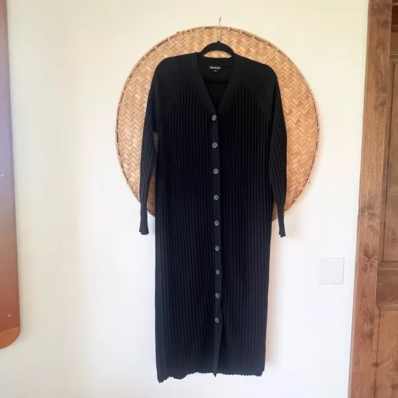 BLACK WHISTLES RIBBED V-NECK NELLY CARDIGAN SWEATER DRESS COTTON BLEND