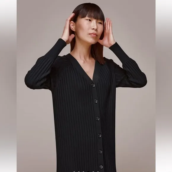 BLACK WHISTLES RIBBED V-NECK NELLY CARDIGAN SWEATER DRESS COTTON BLEND