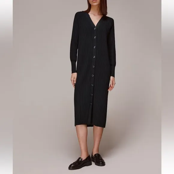 BLACK WHISTLES RIBBED V-NECK NELLY CARDIGAN SWEATER DRESS COTTON BLEND