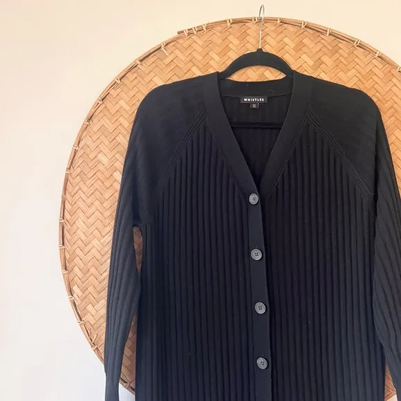 BLACK WHISTLES RIBBED V-NECK NELLY CARDIGAN SWEATER DRESS COTTON BLEND