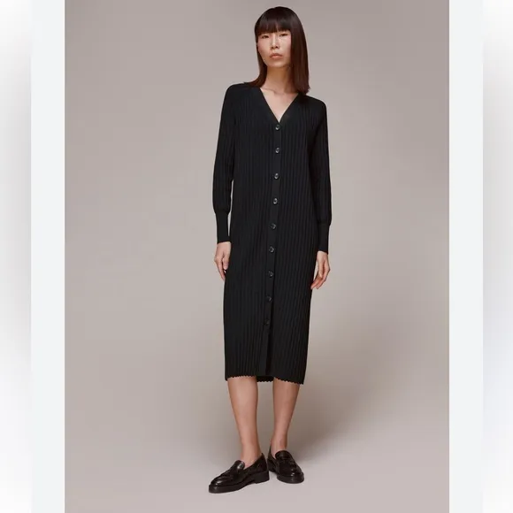 BLACK WHISTLES RIBBED V-NECK NELLY CARDIGAN SWEATER DRESS COTTON BLEND