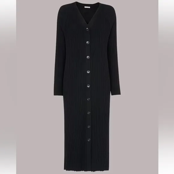 BLACK WHISTLES RIBBED V-NECK NELLY CARDIGAN SWEATER DRESS COTTON BLEND